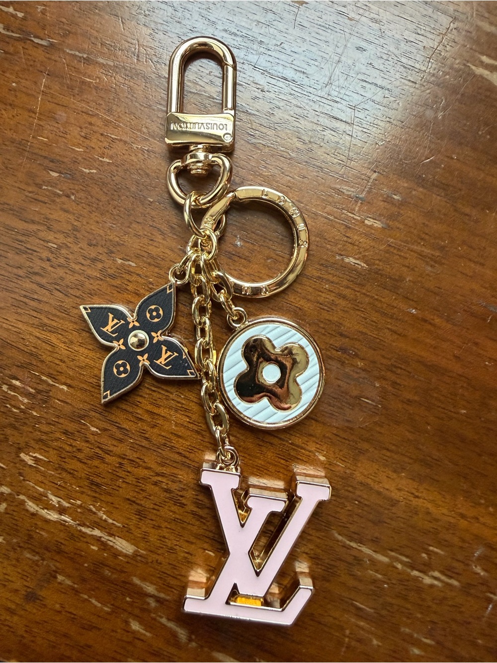 Louis Vuitton Pink & Black LV Logo Charm Keyring with Gold Hardware